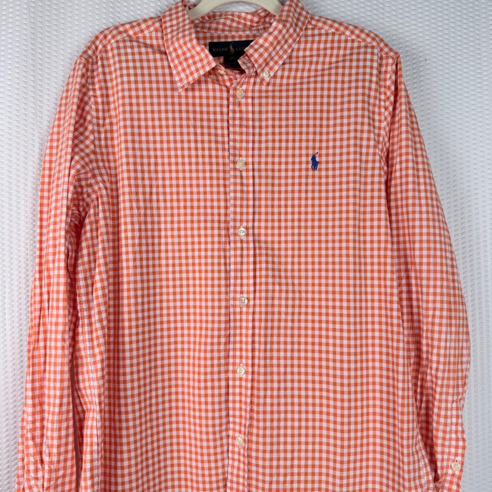 Ralph Lauren Mens‎ XL 18/20 Gingham Button Down Shirt Orange White Pony Logo